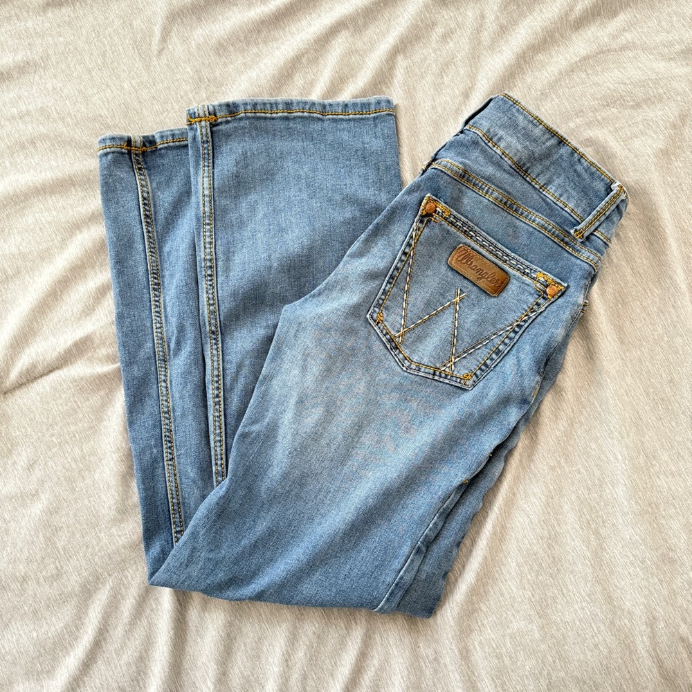 Wrangler Retro Mae Light Blue Bootcut Jeans with Yellow Stitching